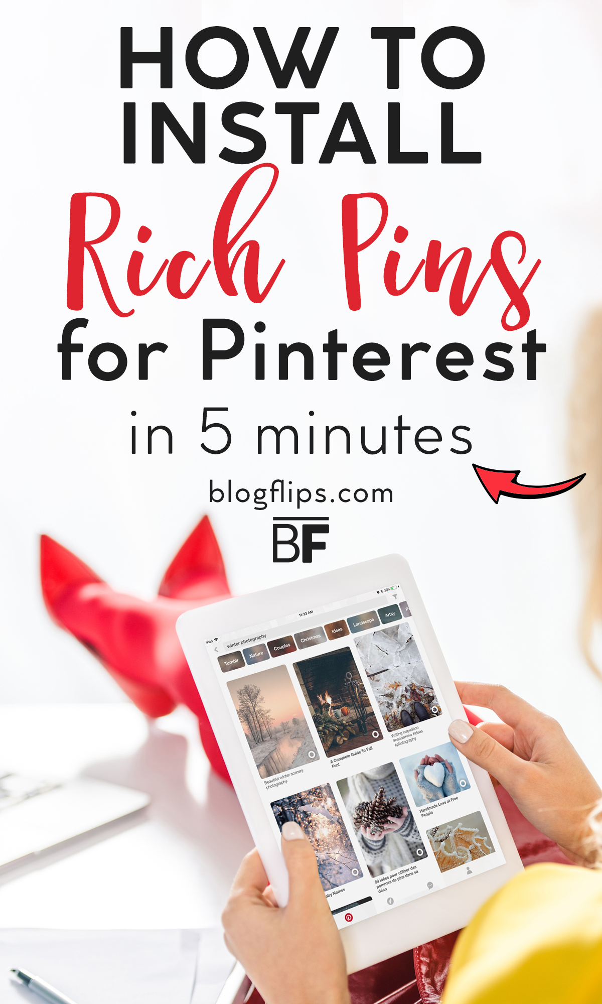 Learn how to install Rich Pins for Pinterest in 5 minutes! Rich Pins will help you display more information about your content to potential web visitors and ultimately help get you more blog traffic! #pinteresttips #richpins